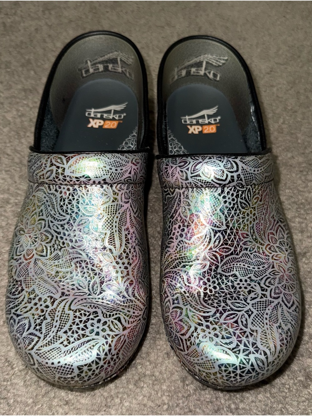 Dansko Iridescent Lace-Pattern Clogs in Multi-Silver